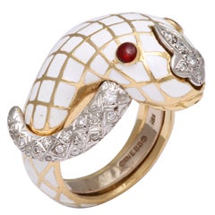 Vintage DAVID WEBB Gold Diamond Ruby White Enamel Snake Ring