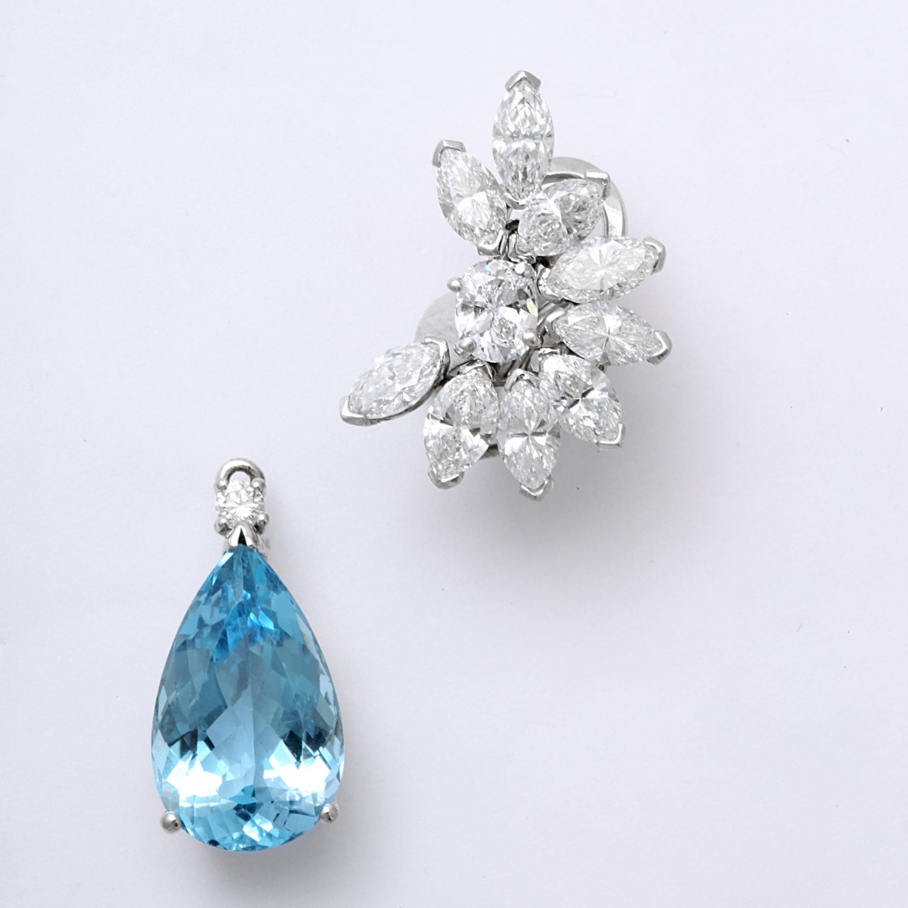 Women's Platinum Diamond and Aquamarine Day Night Earrings