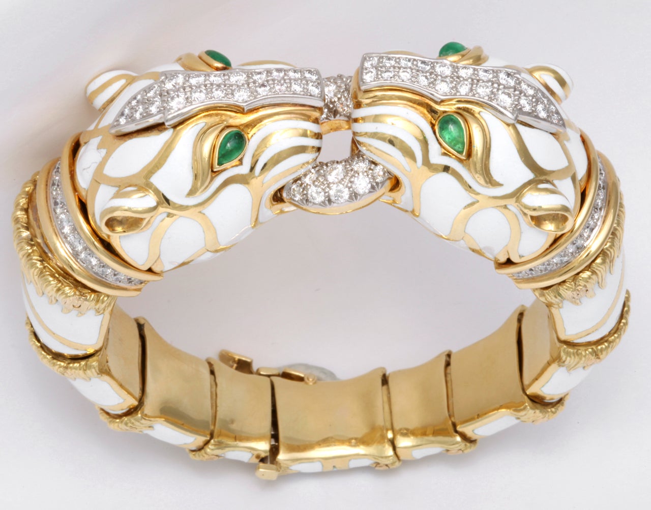 Authentic David Webb 18K Gold Platinum Diamond Emerald White Enamel Two Heads Tiger Bracelet. Inner circumference - 6 5/8
