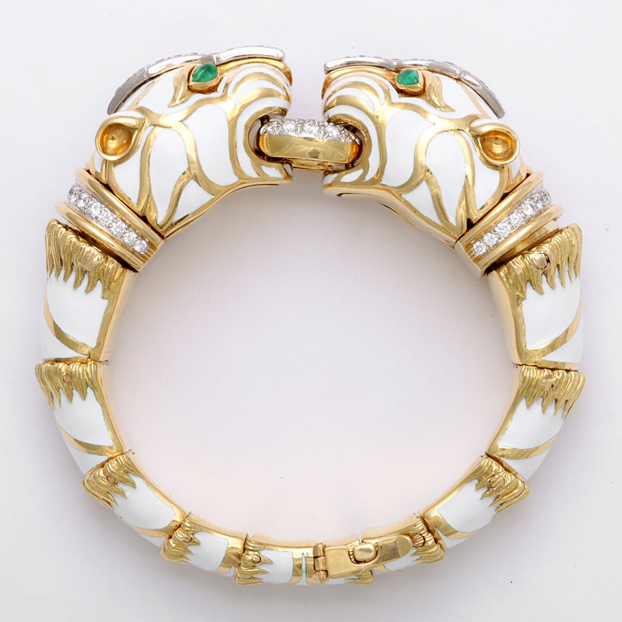 Women's David Webb Gold Diamond Emerald Enamel Two Heads Tiger Bracelet
