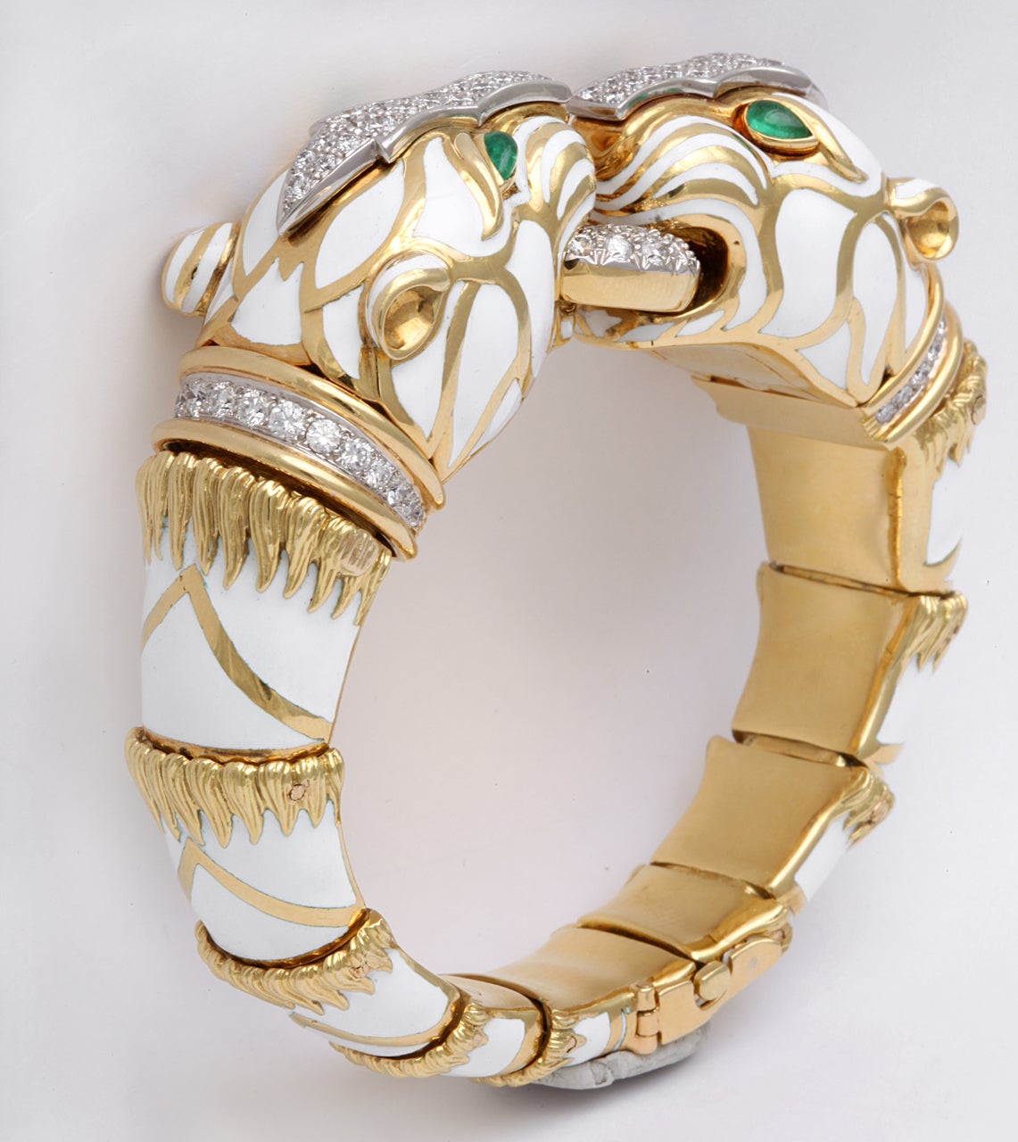 David Webb Gold Diamond Emerald Enamel Two Heads Tiger Bracelet 1