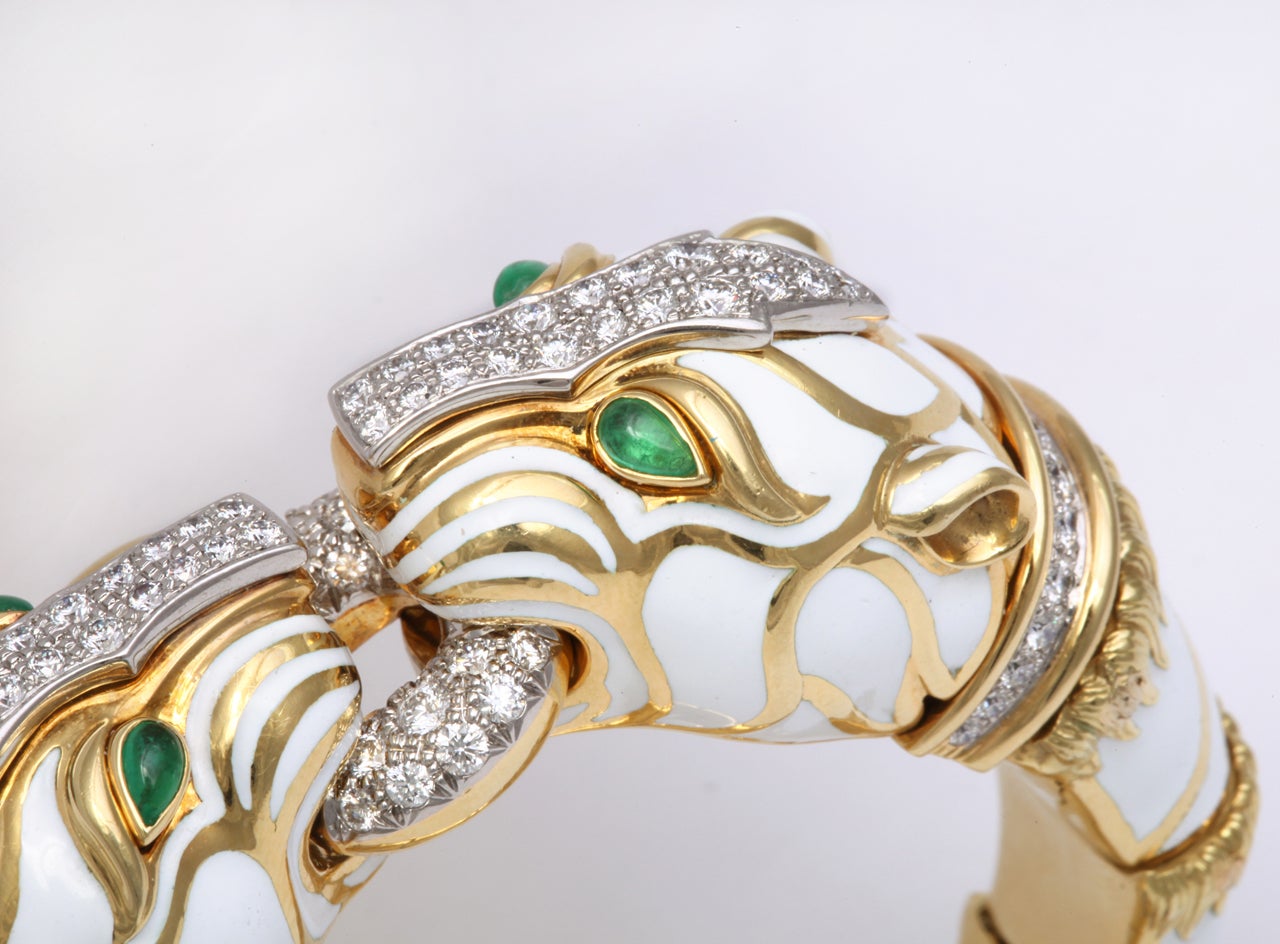 David Webb Gold Diamond Emerald Enamel Two Heads Tiger Bracelet 2