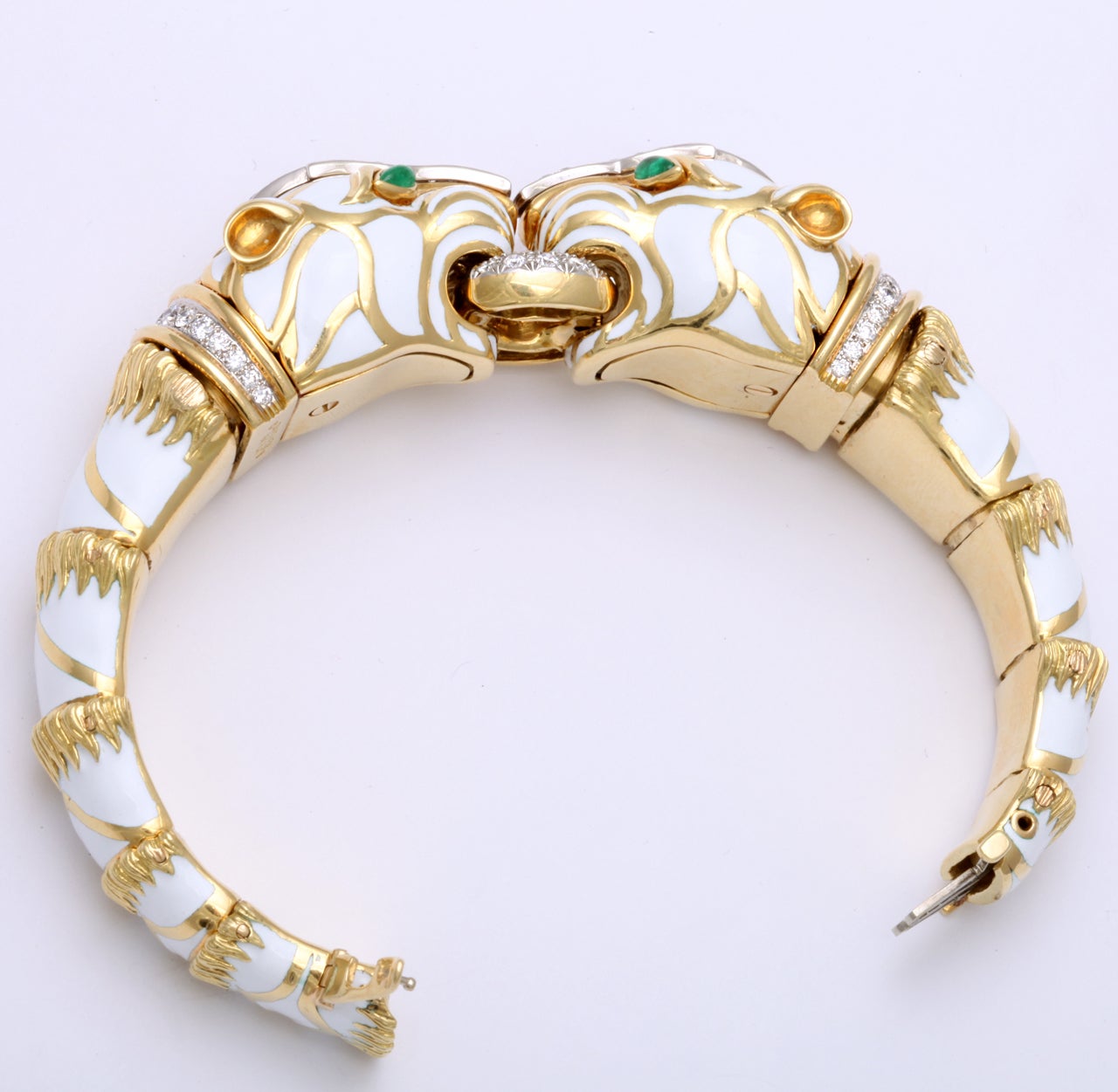 David Webb Gold Diamond Emerald Enamel Two Heads Tiger Bracelet 3