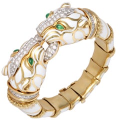 David Webb Gold Diamond Emerald Enamel Two Heads Tiger Bracelet