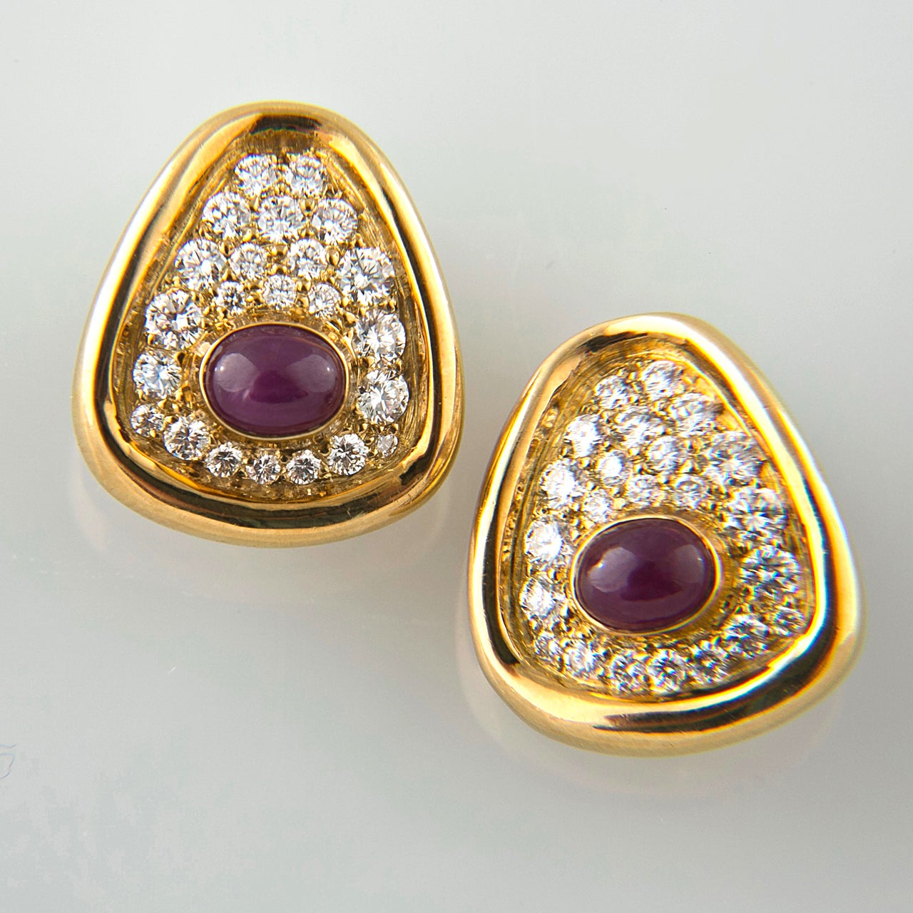 Neiman-Marcus Pair Gold Diamond Cabochon Ruby Earrings