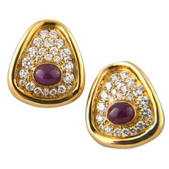 Neiman-Marcus Pair Gold Diamond Cabochon Ruby Earrings