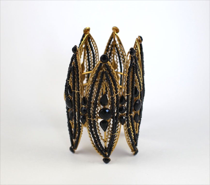 Large Jet and Brass Cuff Bracelet, Costume Jewelry