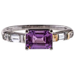 Natural Purple Pink Emerald Cut Sapphire Diamond Platinum Ring 11