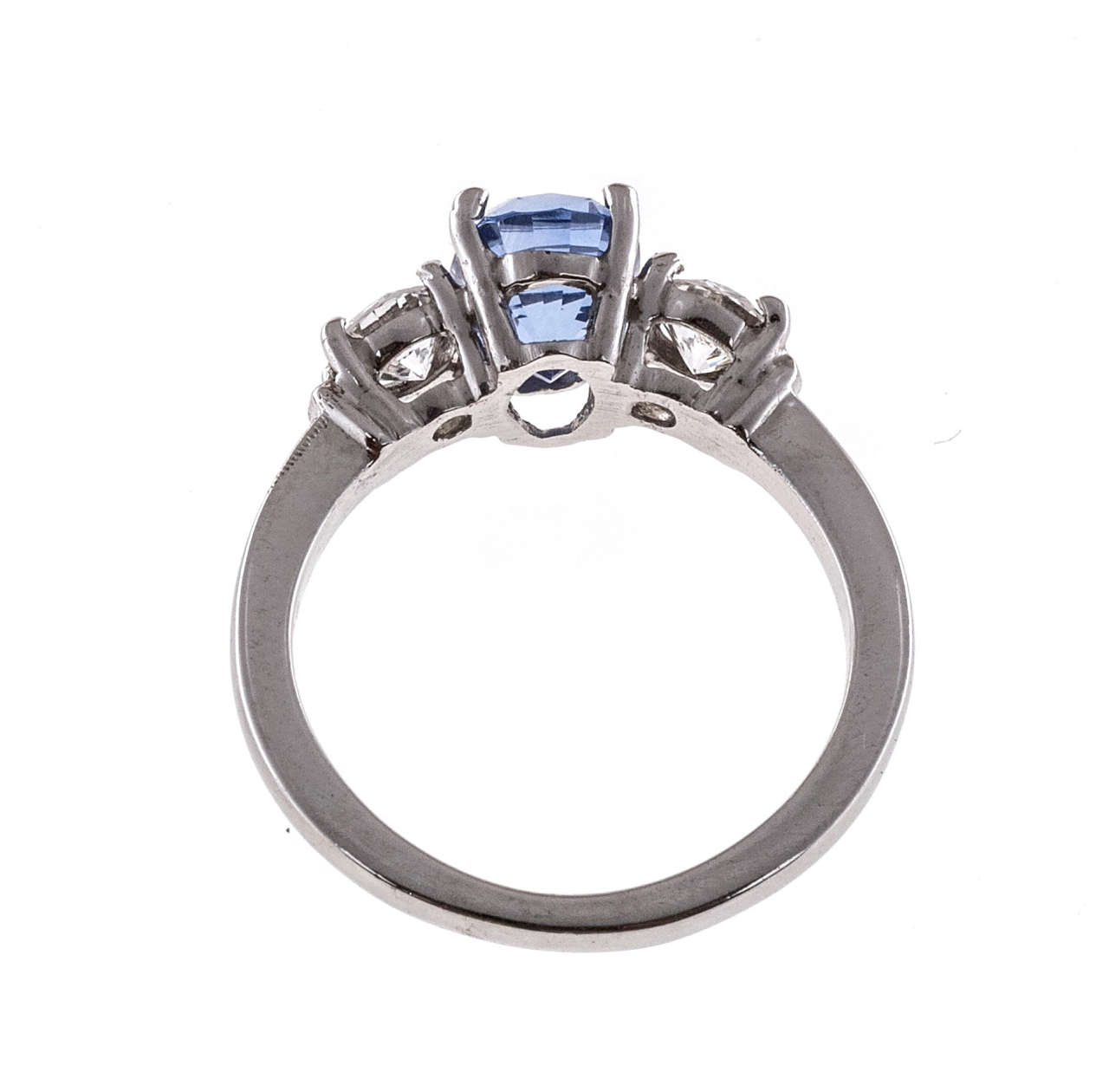 Art Deco Cornflower Natural Blue Sapphire Diamond Three Stone Engagement Ring