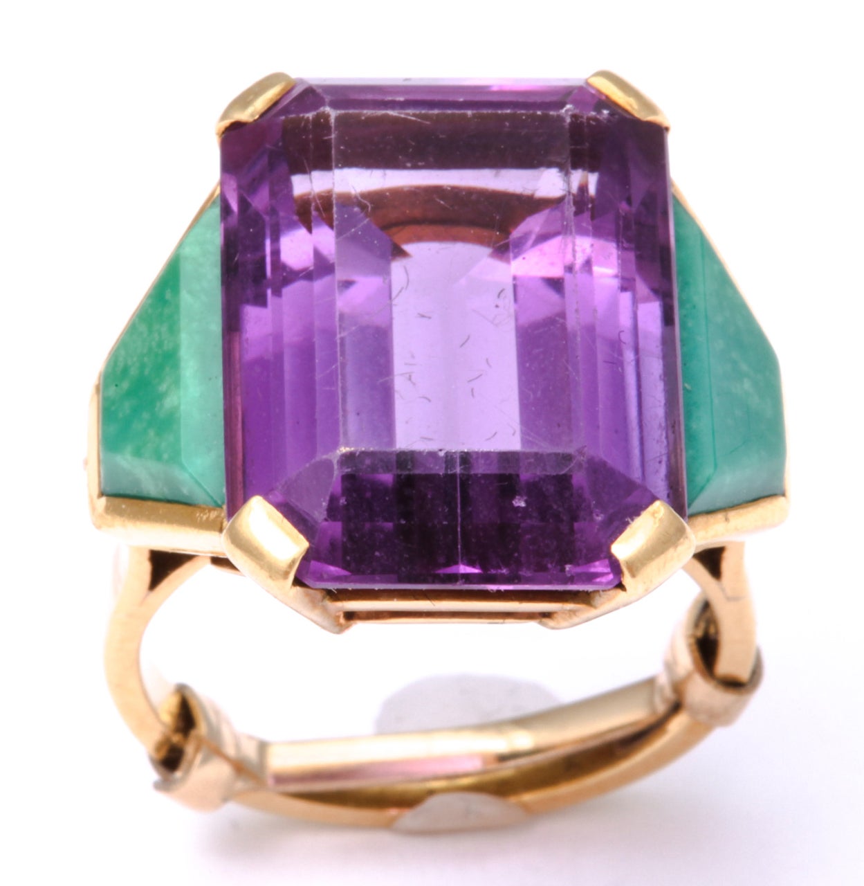 Hand made 18kt Yellow Gold Amethyst  set in 18kt Yellow Gold .  Baguettes unusually set with faceted  Amazonite Trapezoids.  Very stunning choice of colors.  Size 6 1/2