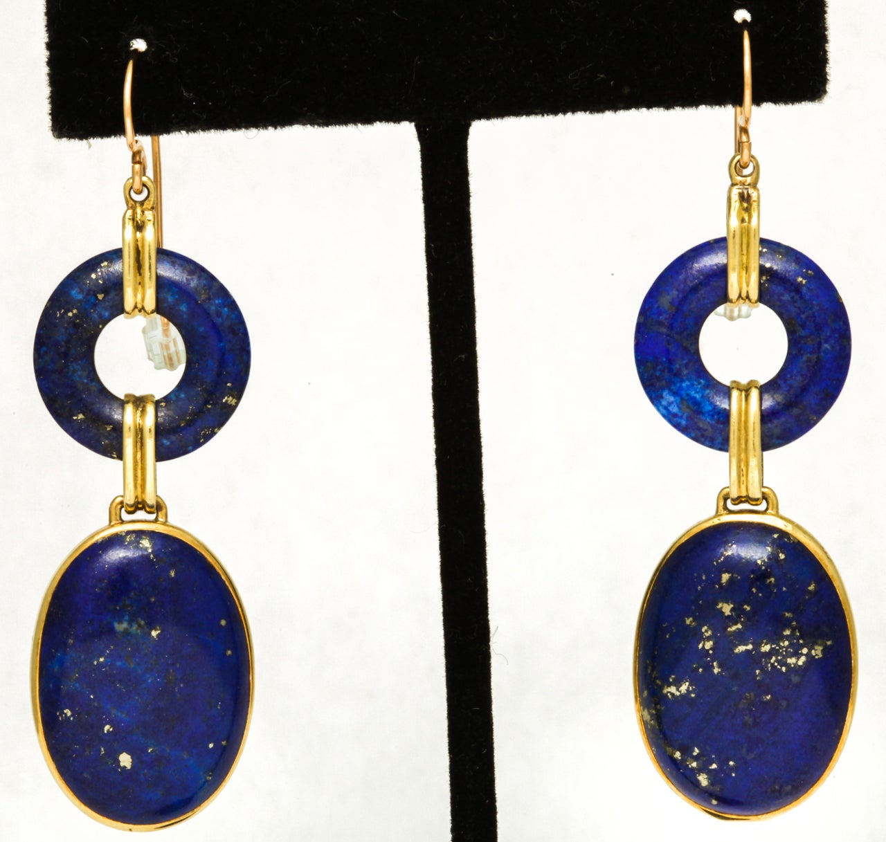 Attractive pair of Pierced Russian Lapis Earrings.   Gold flecked Lapis Ovals, bezel set in 14kt Yellow Gold & suspended from Lapis circles. Ca 1940-50