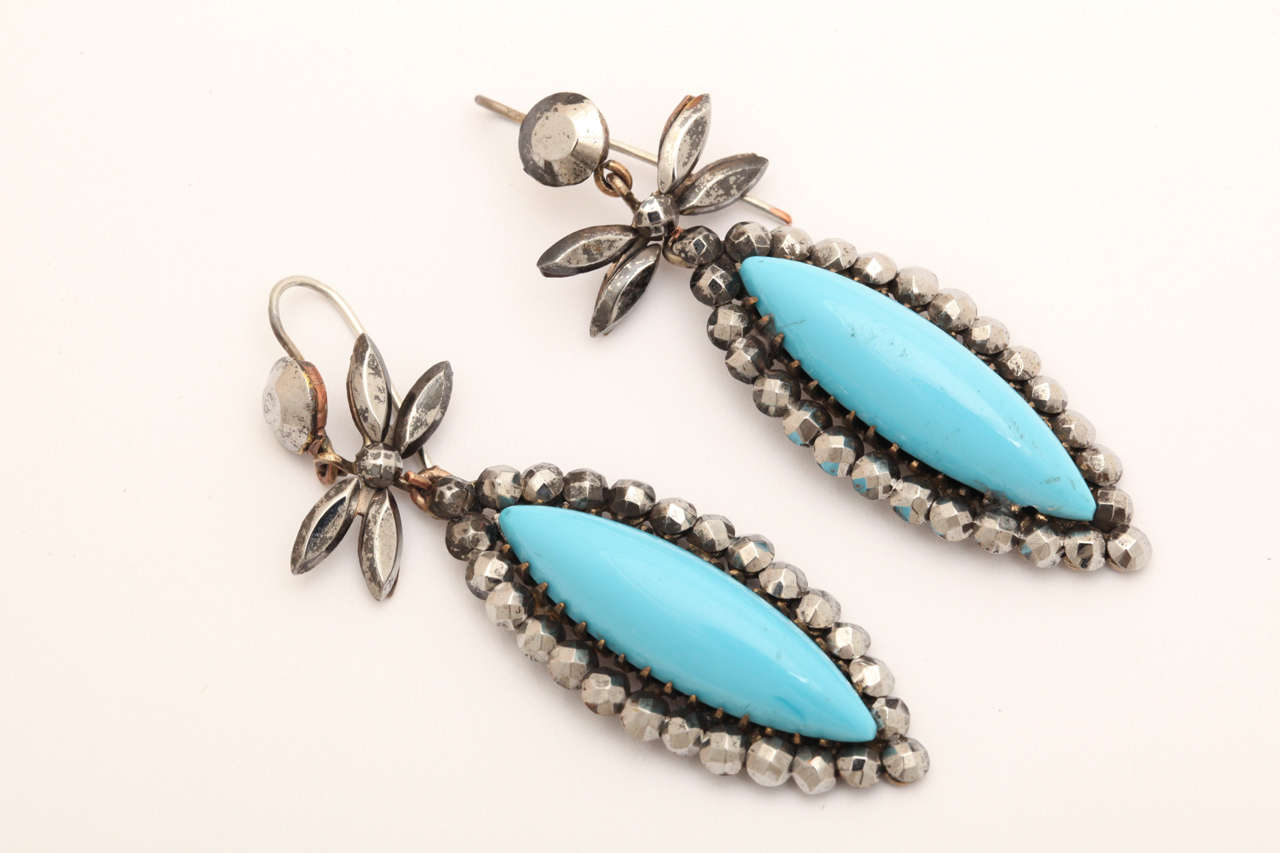 Antique Victorian Turquoise Glass and Cut Steel Earrings, c. 1840 In Good Condition For Sale In Stamford, CT