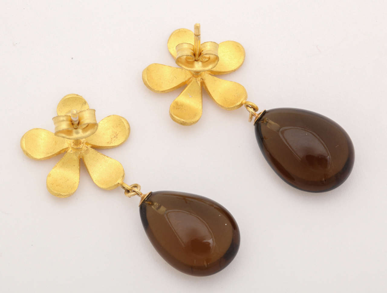 Smoky Quartz High Carat Gold Drop Earrings In New Condition For Sale In TRYON, NC