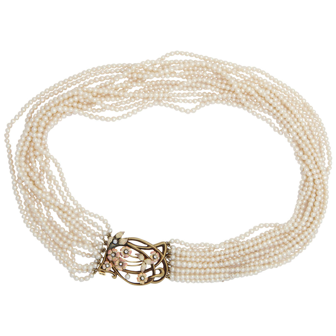 Elegant Multistrand Pearl Gold Floral Clasp Necklace For Sale