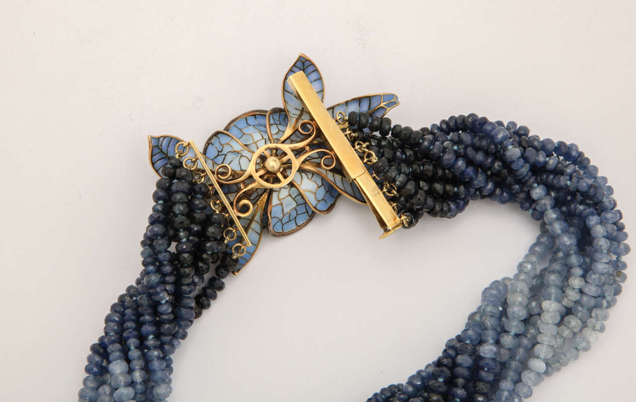 Art Nouveau Spectacular.Plique-a-Jour Sapphire Bead Flower Clasp Necklace For Sale