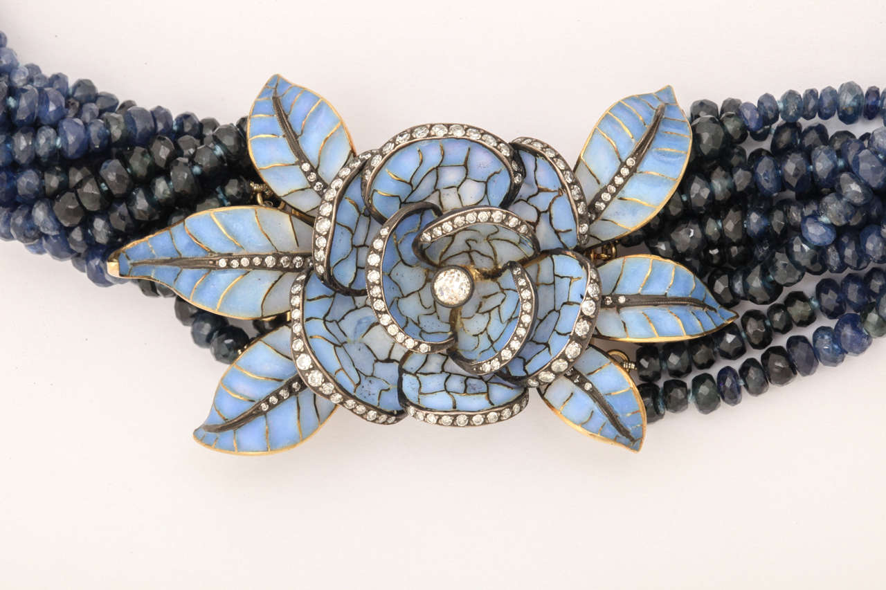 Women's Spectacular.Plique-a-Jour Sapphire Bead Flower Clasp Necklace For Sale