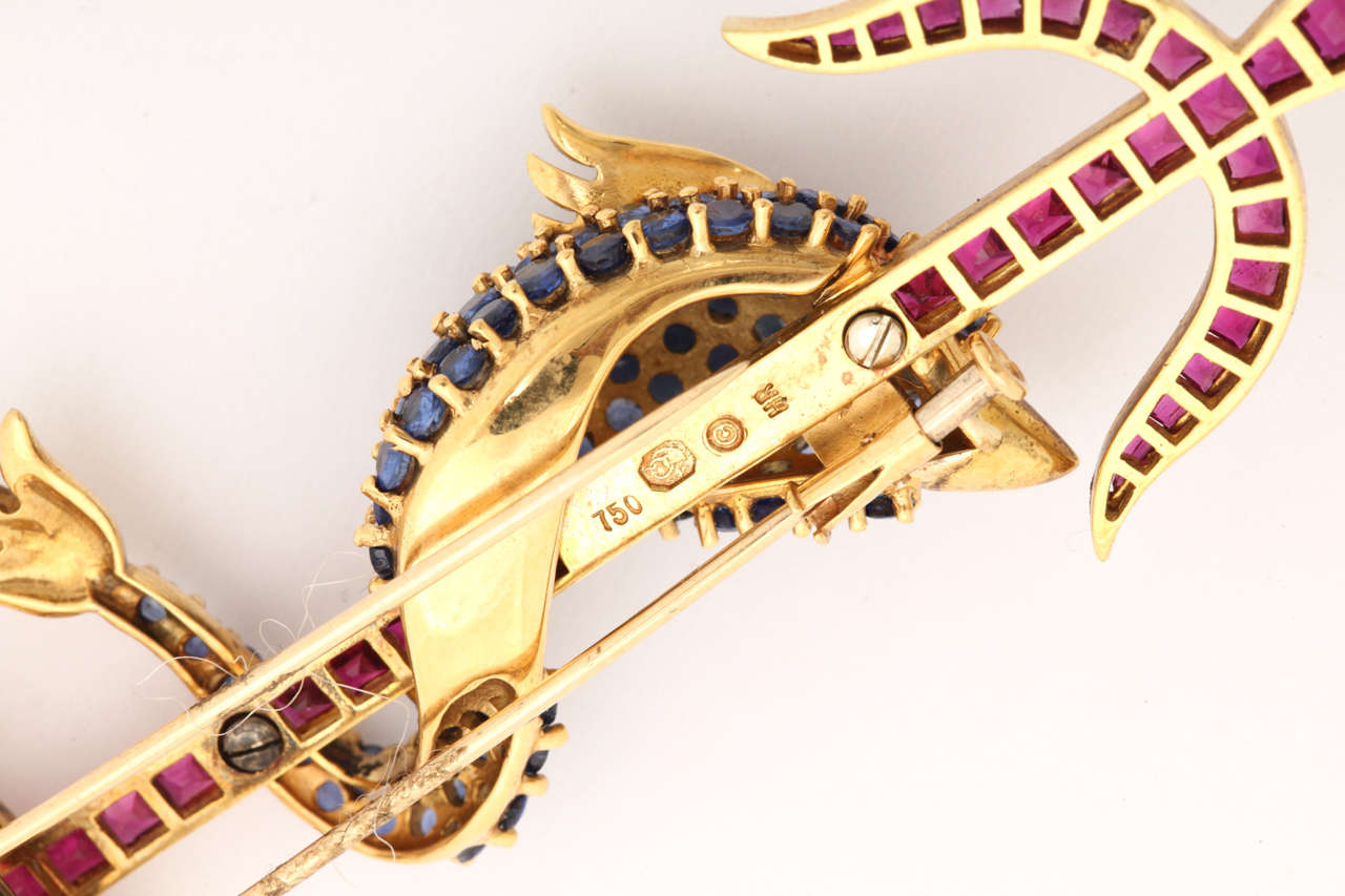 Artisan Gold Nautical Dolphin and Anchor Brooch For Sale