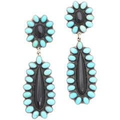 Vintage South West Style Black Enamel Turquoise Silver Earrings