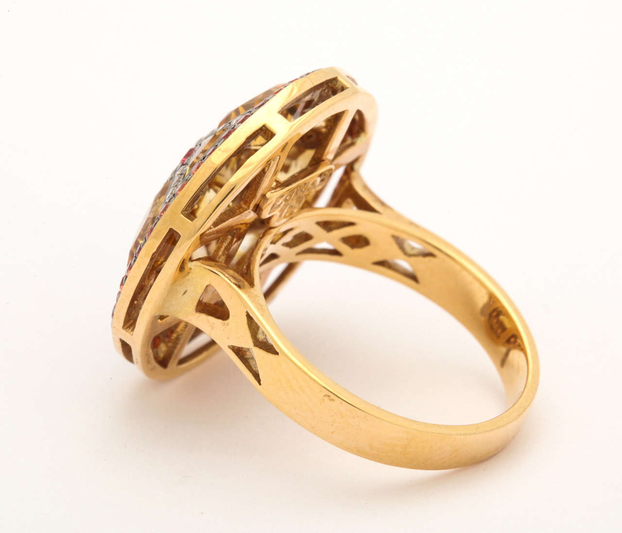Women's or Men's Citrine Red Sapphire Diamond Gold Ring For Sale
