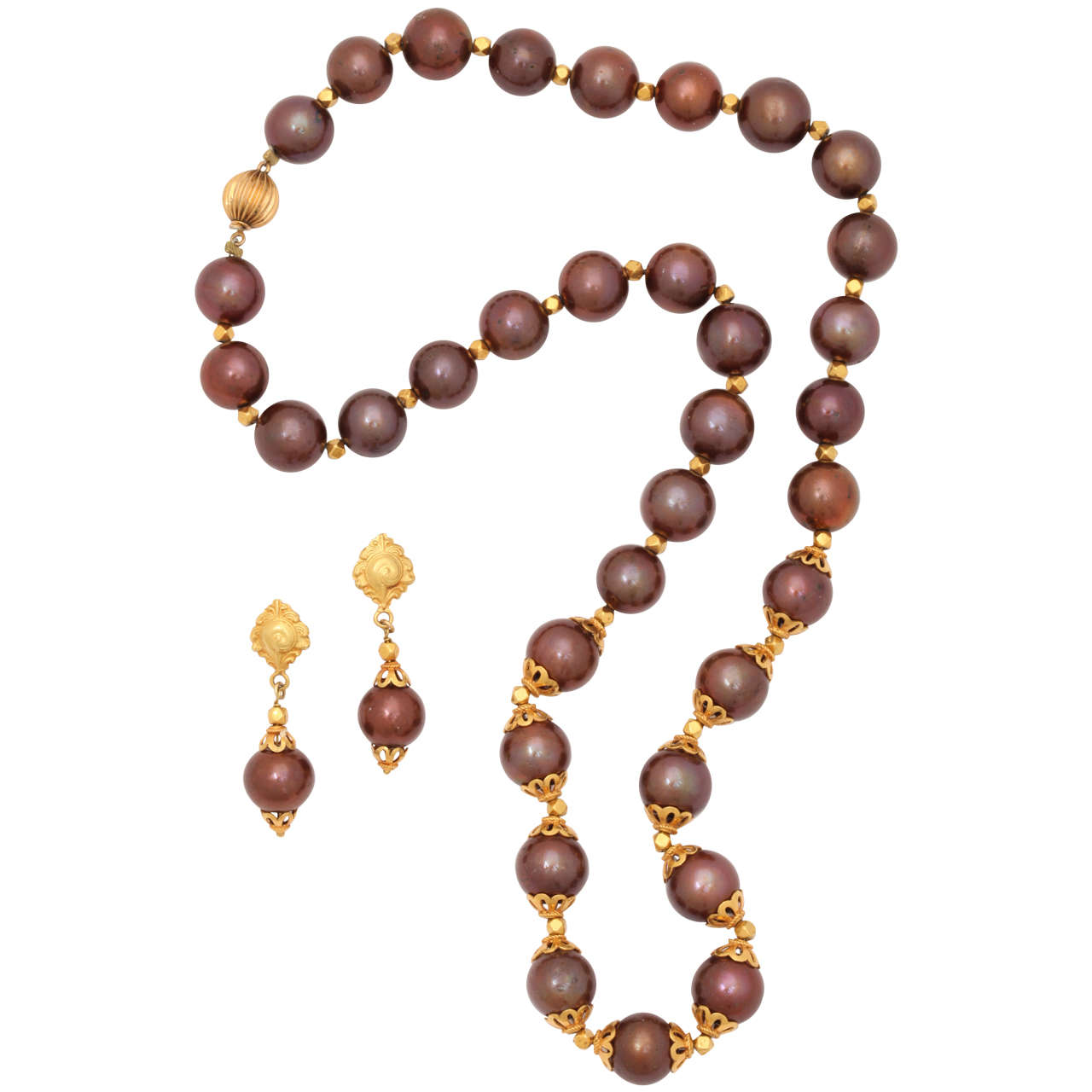 Chocolate Pearl Gold Necklace and Earrings For Sale at 1stDibs