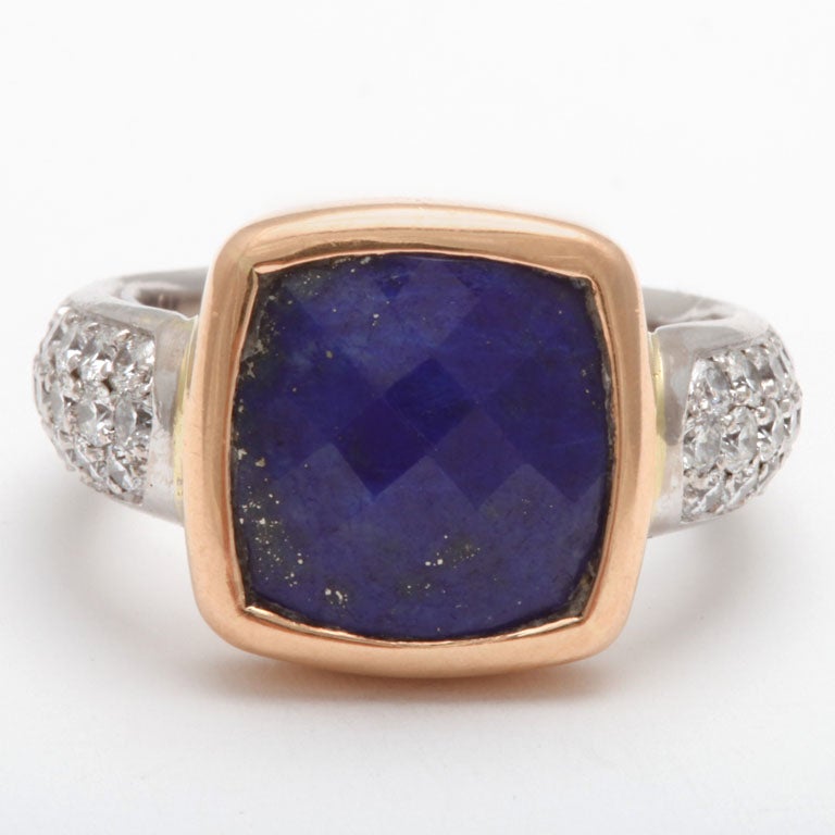Faceted Lapis & Diamond Ring In Excellent Condition For Sale In New York, NY