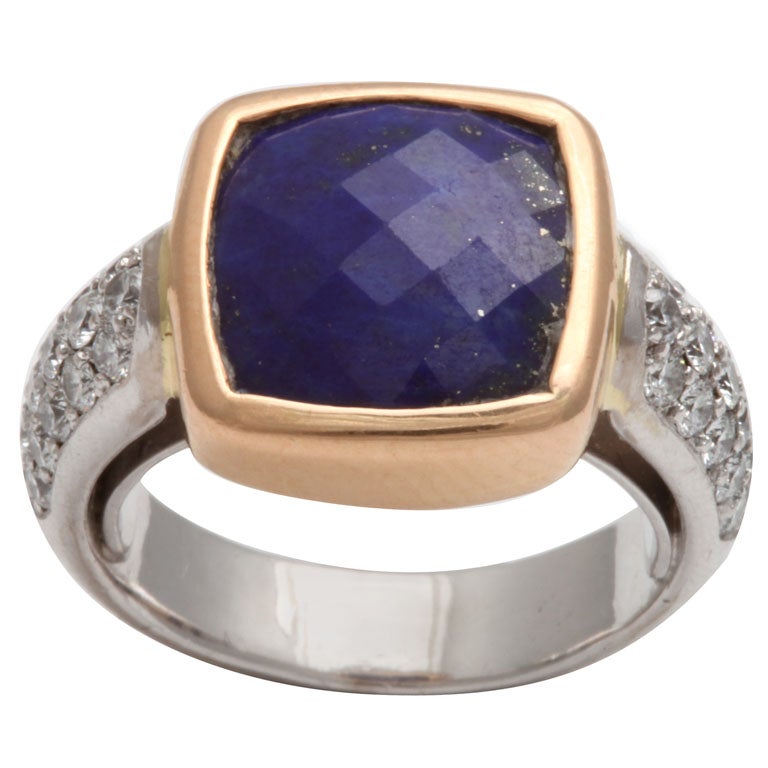 Bague à facettes en lapis et diamants en vente