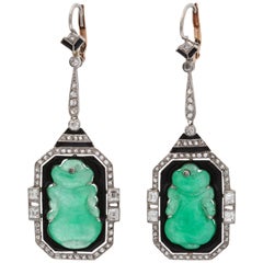 ART DECO Jade Onyx And Diamond  Pendant Earrings