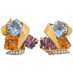 Vintage 1980's Colored Stones Gold ClipOn Earrings