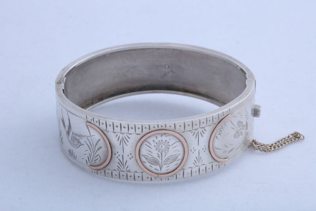 Sterling Silver and Gold Etched Victorian Bangle Bracelet