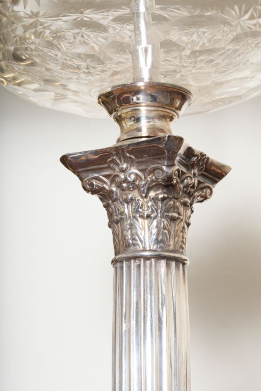 English Sterling Silver and Crystal Corinthian Column Electrified  Lamp