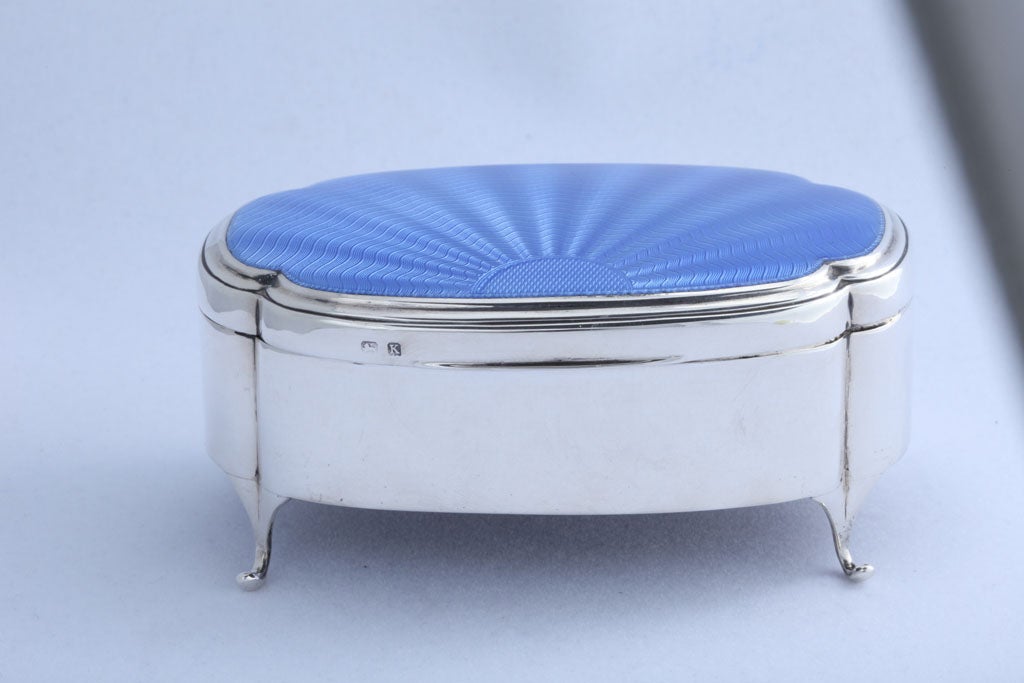 English Footed Sterling Silver and Blue Guilloche Enamel Jewelry Box