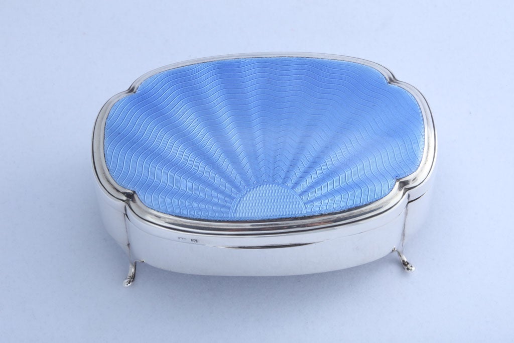 Footed Sterling Silver and Blue Guilloche Enamel Jewelry Box In Excellent Condition In New York, NY