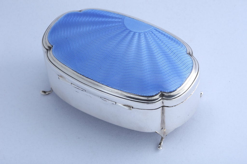 Footed Sterling Silver and Blue Guilloche Enamel Jewelry Box 1