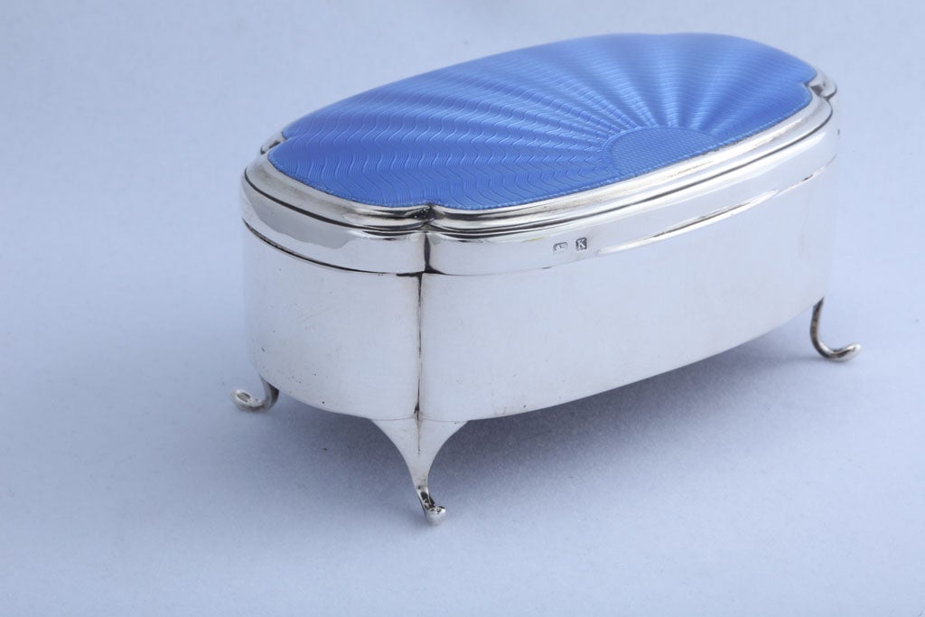 Footed sterling silver and blue guilloche enamel jewelry box, Birmingham, England, 1934, Barker Bros. - makers. Hinged lid.