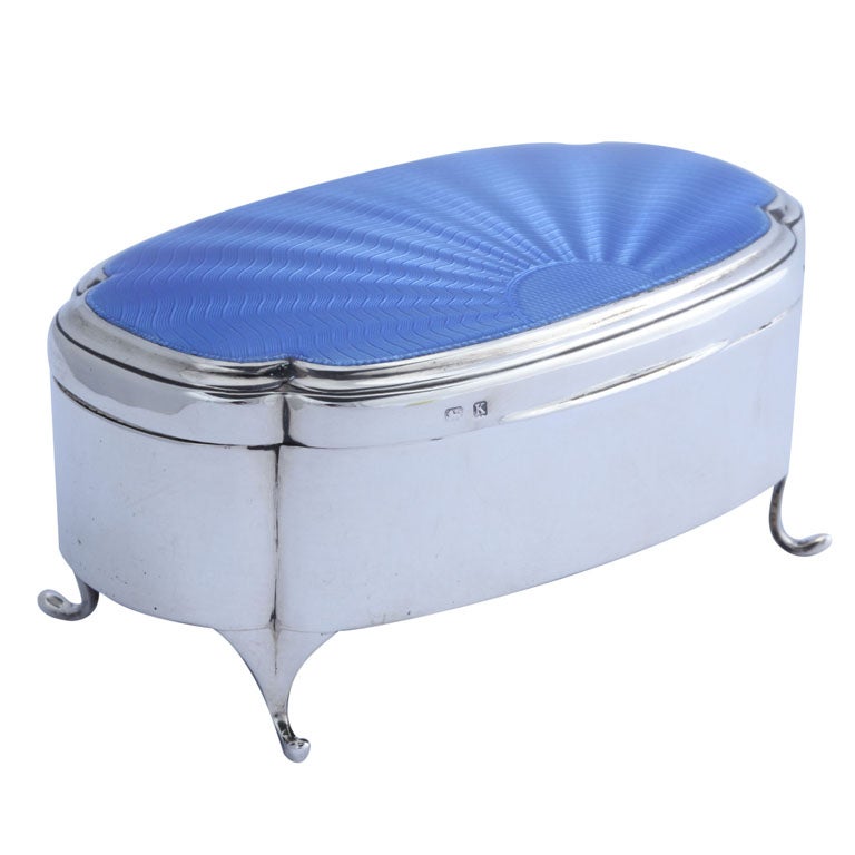 Footed Sterling Silver and Blue Guilloche Enamel Jewelry Box