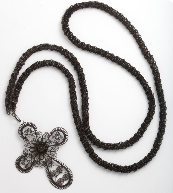 Georgian Extraordinary Berlin Iron Long Chain and Cannetile Lace Cross For Sale