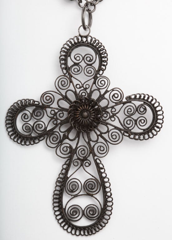Extraordinary Berlin Iron Long Chain and Cannetile Lace Cross In Excellent Condition For Sale In Stamford, CT