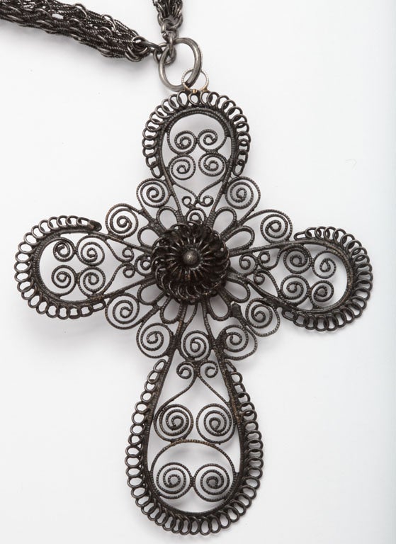 Extraordinary Berlin Iron Long Chain and Cannetile Lace Cross For Sale 1