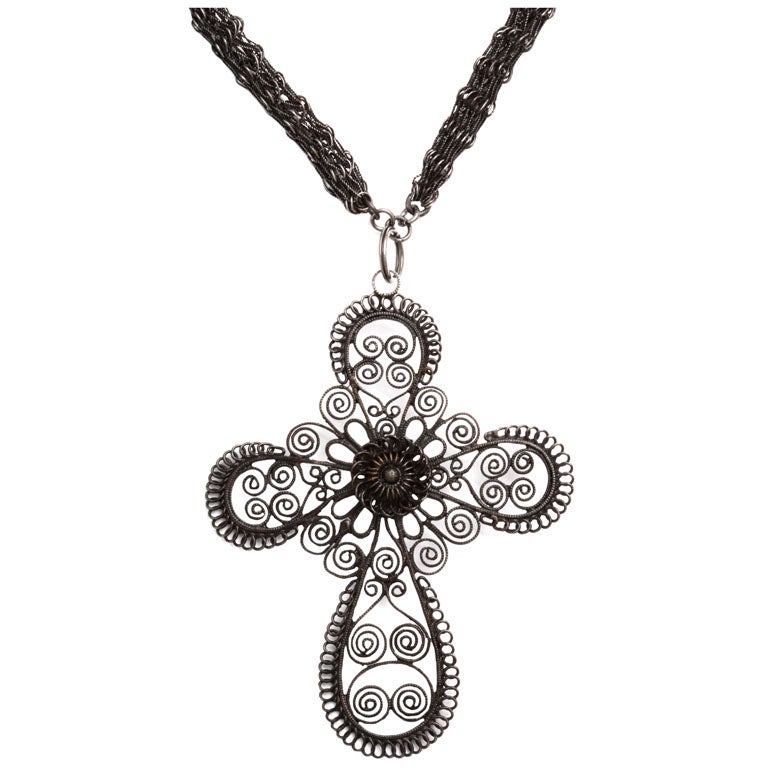 Extraordinary Berlin Iron Long Chain and Cannetile Lace Cross