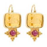 Italian 18k Yellow Gold Intaglio Citrine and Ruby Earrings.