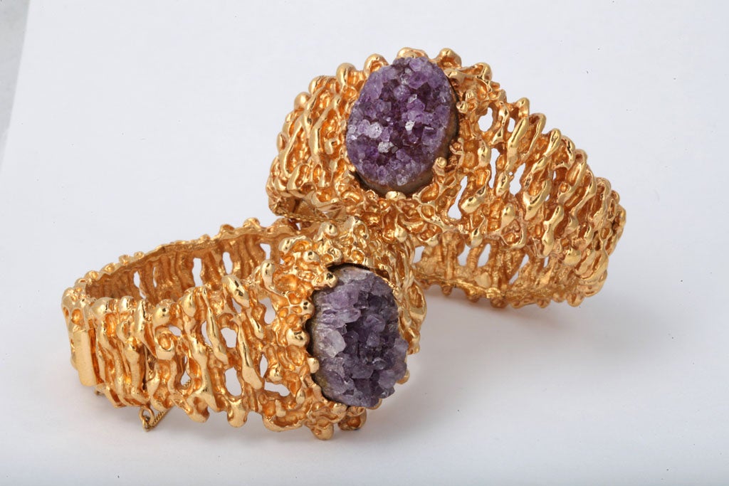 Rusticated gold wash pair of Panetta bracelets with large amethyst crystal stones. Inside dimensions are 2