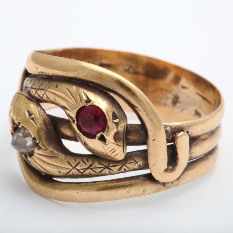 Antique Victorian Diamond Ruby Gold Double-Snake Ring 2