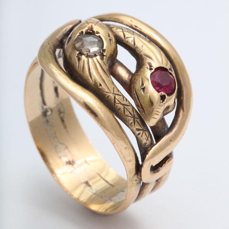 Antique Victorian Diamond Ruby Gold Double-Snake Ring 3