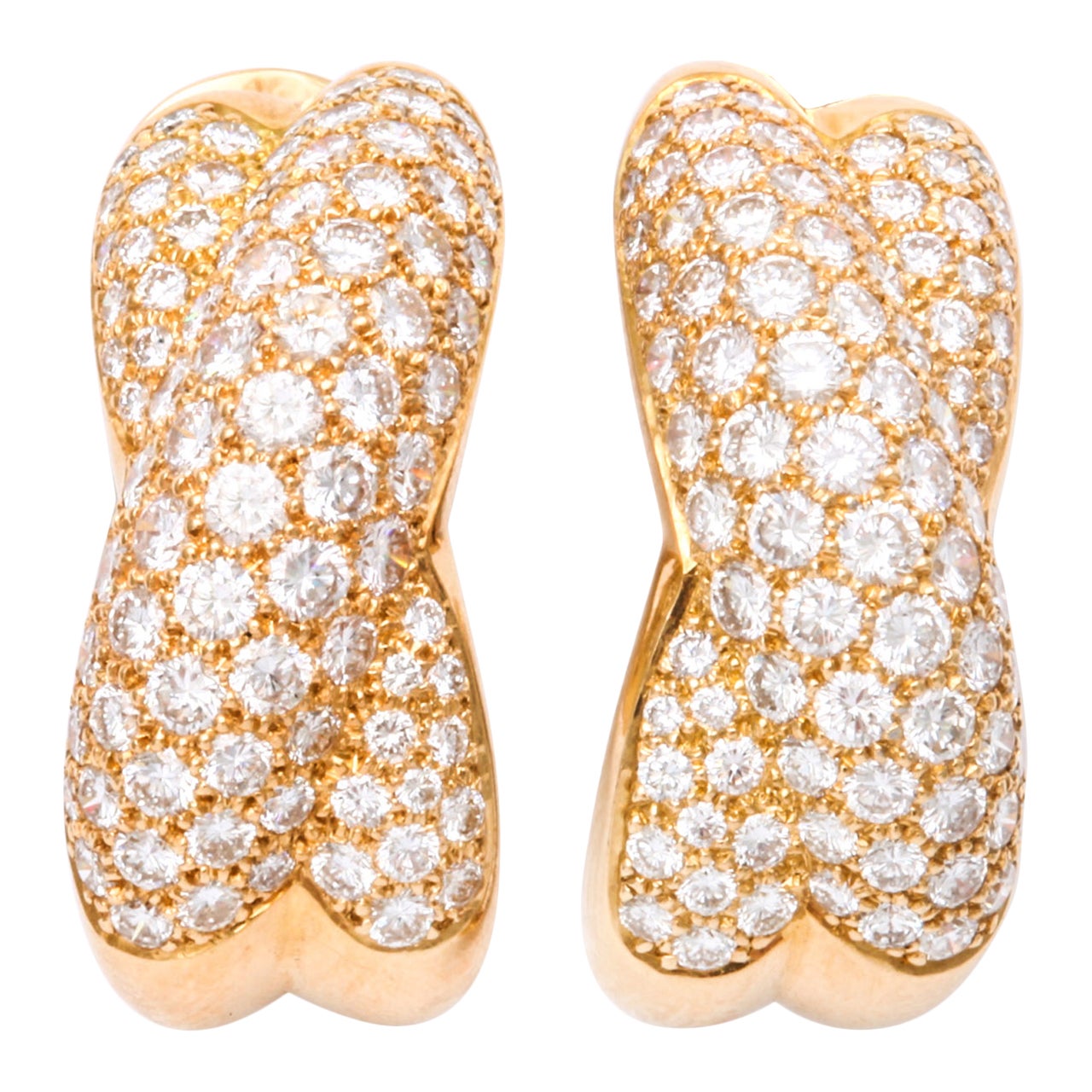 CARTIER Diamond Gold Crossed Omega Earrings For Sale