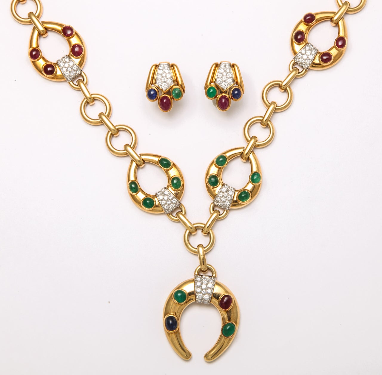 DAVID WEBB  Diamond Ruby Emerald Sapphire Earrings and Necklace Set In Excellent Condition For Sale In New York , NY