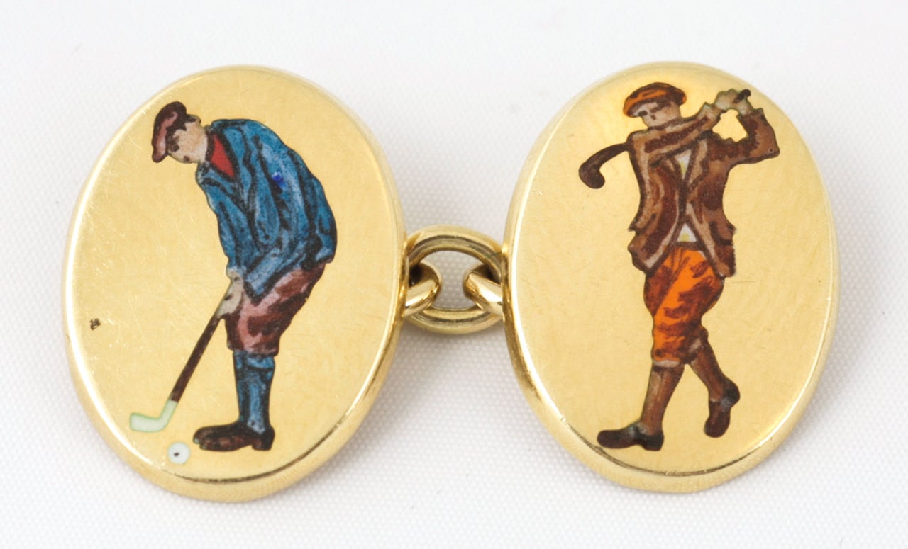 English Oval Gold Golfer Cufflinks In Excellent Condition In London, GB