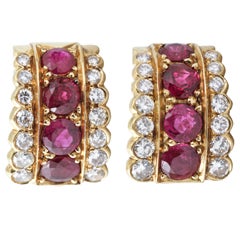 Gold Mounted Pair of Ruby Diamond Creole Shaped Earrings