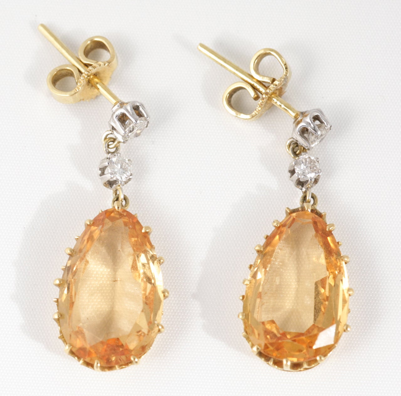 Edwardian Imperial Topaz drop earrings withDiamond tops, set in 18ct Gold