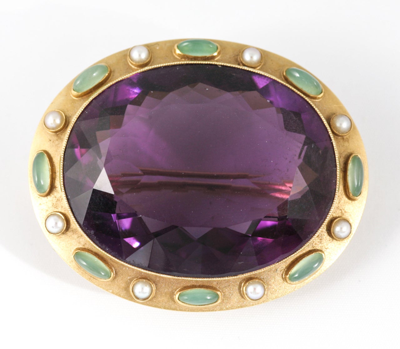 Oval Amethyst brooch set with natural Pearls and green Chalcedony in 15ct Gold