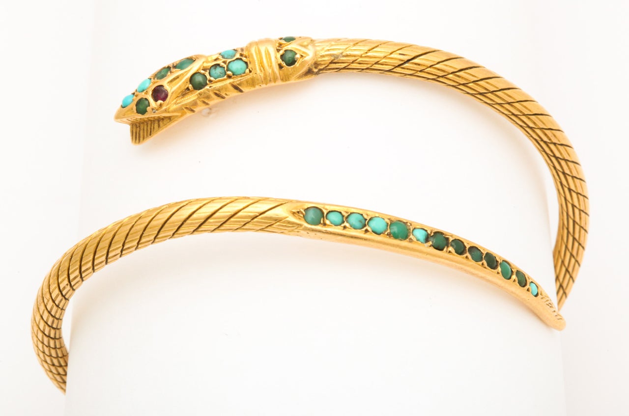 Women's Gold, Ruby and Turquoise Snake Bracelet For Sale